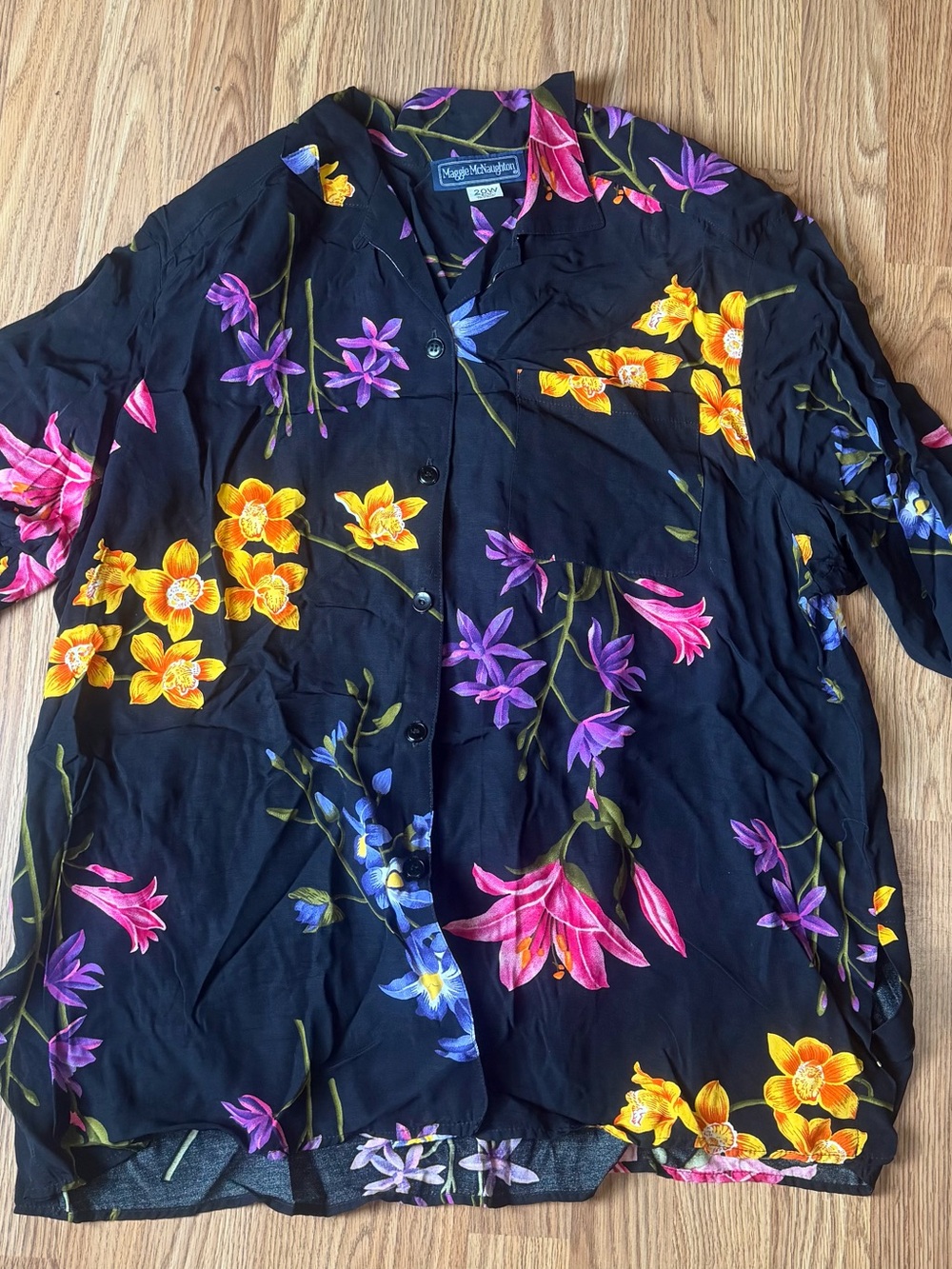 Maggy London Black Floral Button-Down Shirt with Yellow, Purple & Pink Blooms